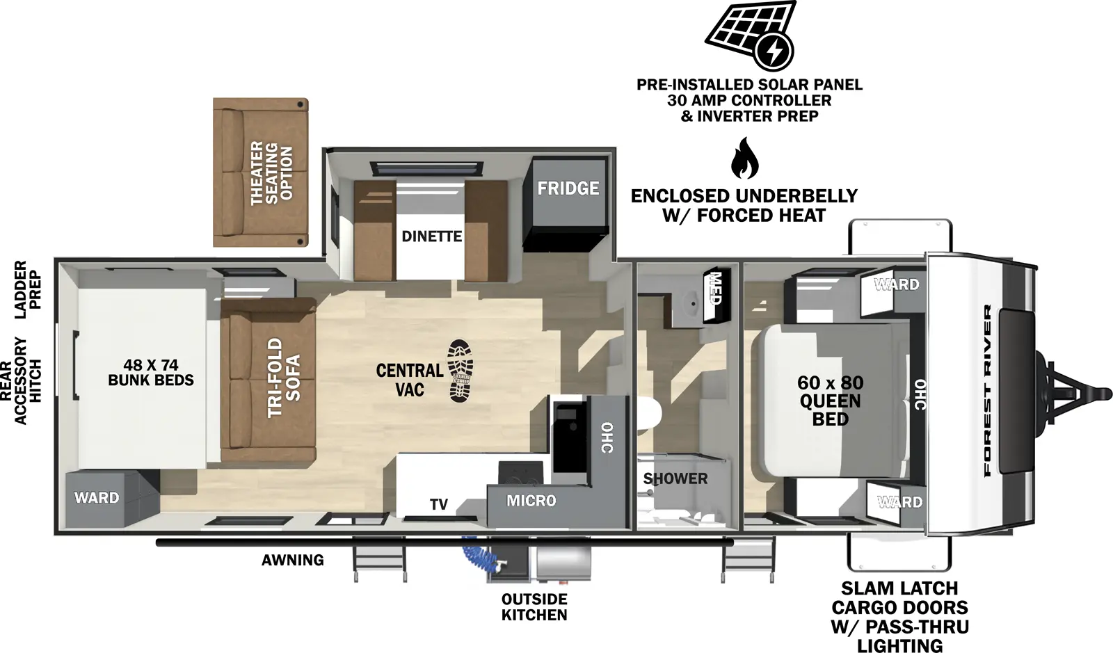 The Ibex 25RBH floorplan has one entry and one slide out. Exterior features include: fiberglass exterior, 21' awning and outside kitchen. Interiors features include: bunk beds, front bedroom and pass through bathroom.